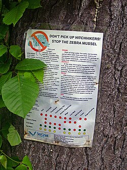 Sign advising boaters on how to prevent spread, Titicus Reservoir in North Salem, New York