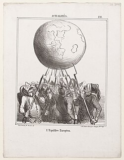 1866 cartoon by Honoré Daumier, L’Equilibre Européen, representing the balance of power as soldiers of different nations teeter the earth on bayonets