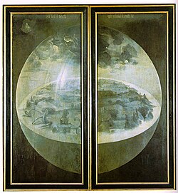 The exterior panels show the world during creation, probably on the Third Day, after the addition of plant life but before the appearance of animals and humans.[4]