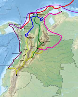 Explored route of Federmann in Venezuela and eastern Colombia in pink, route back to Cartagena in green