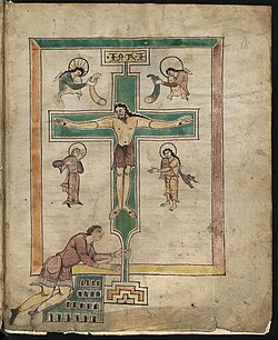 Contemporary illustration from the Louis the German Psalter depicting Louis (bottom) genuflecting before Christ on the cross