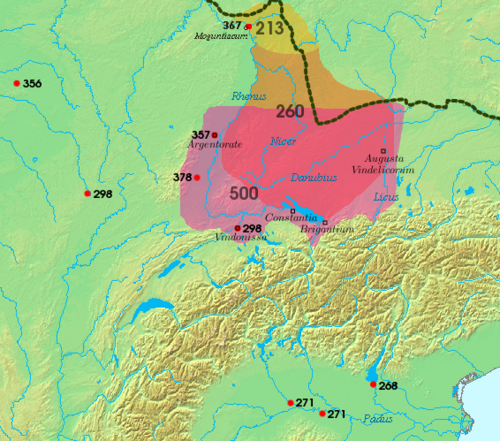 Area settled by the Alemanni, and sites of Roman–Alemannic battles, 3rd to 6th centuries