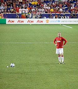 Rooney preparing to take a free kick for Manchester United against the MLS All Stars at the Red Bull Arena in New Jersey, July 2011
