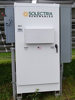 Central inverter with AC and DC disconnects (on the side), monitoring gateway, transformer isolation and interactive LCD