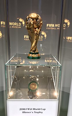 FIFA World Cup Trophy, displayed at the FIFA World Museum, Zurich, Switzerland, on 2 April 2018, won by the Italy in 1982 FIFA World Cup and 2006 FIFA World Cup.