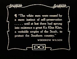 "The white men were roused by a mere instinct of self-preservation ... until at last there had sprung into existence a great Ku Klux Klan, a veritable empire of the South, to protect the Southern country."