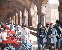 Dr Frances Ivens inspecting a French patient at the Scottish Women's Hospital at Royaumont. Painting by Norah Neilson Gray.