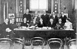 Russell served on the National Committee of the No-Conscription Fellowship, shown here in May 1916 (back right).[53]