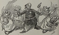 A 1902 cartoon depicts a police officer whose eyes are covered with a cloth labelled "bribes".