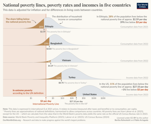National poverty lines vary widely between countries.