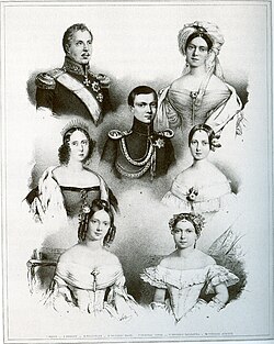 The family of King William I depicted in 1841 for the 25th anniversary of his accession: King William I and Queen Pauline Therese (top), Princess Sophie (middle left), Crown Prince Karl (centre), Princess Marie (middle right), Princess Catharine (bottom left) and Princess Augusta (bottom right).