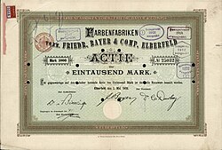 Share of Farbenfabriken vorm. Friedr. Bayer & Comp in Elberfeld, issued 1 May 1908