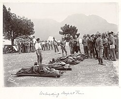 Unloading the hospital train with wounded British soldiers, around 1900. Nurse Constance Louisa Agg's album.