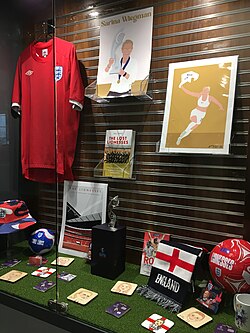 A collection of items (predominantly merchandise) related to the team's Euro 2022 run, displayed in the National Football Museum