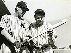 Publicity still from The Pride of the Yankees with LA Wrigley's wall and a local house in background