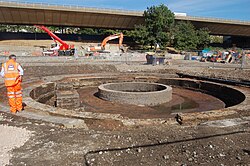 A Victorian era railway turntable, discovered during upgrade works at Westbourne Park tube station in London. Archaeological excavations are often carried out during construction work in the UK to identify and study surviving remnants of prior structures underneath building sites.[11]
