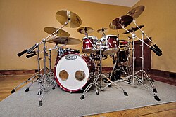 A drum kit with a multi-cymbal configuration.