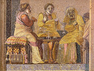 Mosaic from Pompeii depicting masked characters in a scene from a play: two women consult a witch