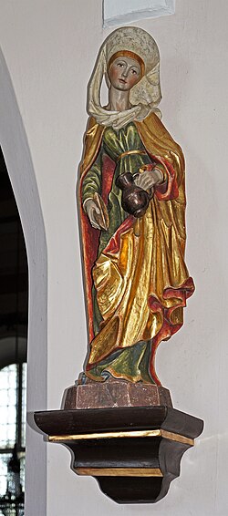 Late Gothic sculpture in Grödig parish church, Saint Verena holding a jar