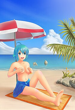 A woman drawn in erotic anime style at a beach