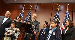 A press conference with UnidosUS with Senators Chuck Schumer and Kamala Harris in 2017