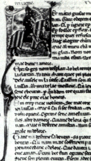 King Alfons the Chaste riding a horse caparisoned in his familiar arms. From a 13th-century chansonnier. Document 854, folio 108r at Bibliothèque nationale de France.