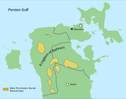 A map showing the locations of Bahrain's ancient burial mounds. There are an estimated 350,000 burial mounds.