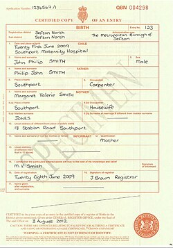 A long-form birth certificate used in England and Wales