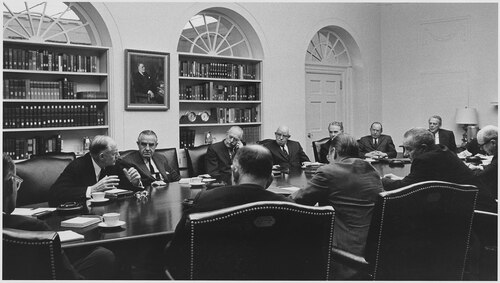 Johnson meets with a group of foreign policy advisors, collectively called "the Wise Men," discuss the Vietnam War effort.