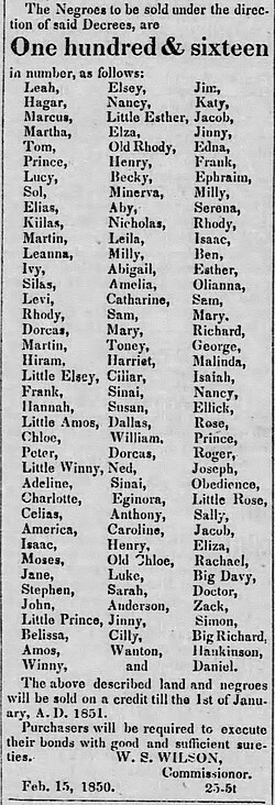 "The negroes to be sold" including America and Obedience, The Port Gibson Herald, March 1, 1850