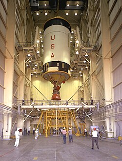 An S-IVB being moved out of NASA's Vehicle Assembly Building