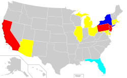 Yiddish distribution in the United States. Most Yiddish speakers dwell in New York, Florida, New Jersey, California, and Pennsylvania. More than 100,000 speakers More than 10,000 speakers More than 5,000 speakers More than 1,000 speakers Fewer than 1,000 speakers