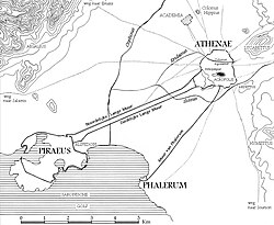 The Long Walls connecting the ancient city of Athens to its port of Piraeus.