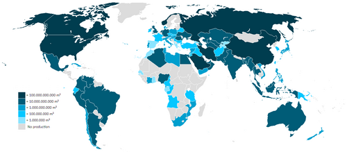 Natural gas extraction by countries in cubic meters per year around 2013
