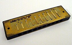 Reed plate mounted on the comb of a diatonic harmonica, one of several categories of harmonica