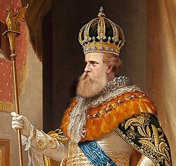 Emperor Pedro II of Brazil wearing a wide collar of orange toucan feathers around his shoulders and elements of the Imperial Regalia. Detail from a painting by Pedro Américo