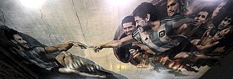 Maradona (right) and Lionel Messi in The Sistine Chapel of Football painting, on a ceiling of a sports club in Barracas, Buenos Aires