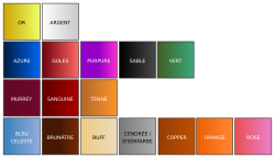 A diagram of various tinctures in heraldry. First row: metals; second row: colours; third row: stains; fourth row: non-traditional tinctures