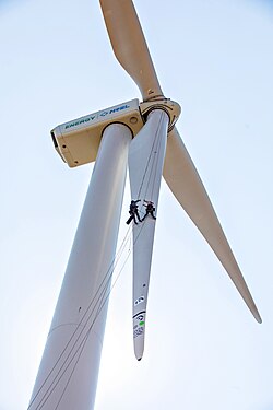 Workers inspect wind turbine blades.