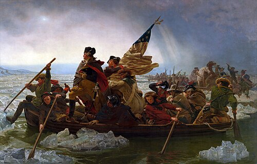 painting of Washington standing on a boat being rowed across icy water