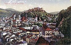 Salzburg in 1914; cathedral on the left, Hohensalzburg Fortress in the background