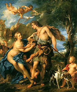 In Greek mythology, Adonis (center) was in a relationship with both Persephone and Aphrodite (left), who agreed to share his love. In some versions he was also in relationships with Dionysus, Apollo and Heracles.[133]