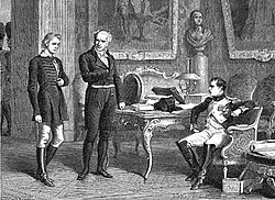 Staps is interrogated by Napoleon and his physician Jean-Nicolas Corvisart, 1866 depiction. In reality, Rapp was present to translate between the Emperor and Staps