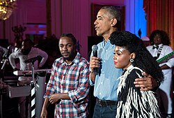 Progressive rapper Kendrick Lamar (left) alongside President Barack Obama (center) and prog-soul singer-songwriter Janelle Monáe, 2016