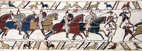 Horse-mounted Normans charging in the Bayeux Tapestry, 11th century
