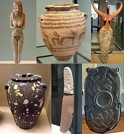 Artifacts of Egypt from the prehistoric period, from 4400 to 3100 BC. First row from top left: a Badarian ivory figurine, a Naqada II jar, a Bat figurine. Second row: a diorite vase, a flint knife, a cosmetic palette.