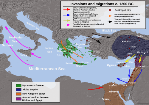 Invasions, destruction and possible population movements during the collapse of the Bronze Age, c. 1200 BC