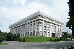Supreme Council building in Bishkek, house of the unicameral parliament. View from the north-west side (facade from the south)