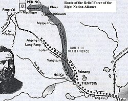 The route of the Eight-Nation Alliance force to relieve the Siege of the Legations in Peking, August 1900