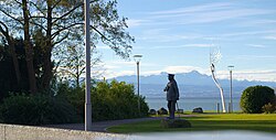 Zeppelin-Statue at Graf Zeppelin House, Säntis in the background